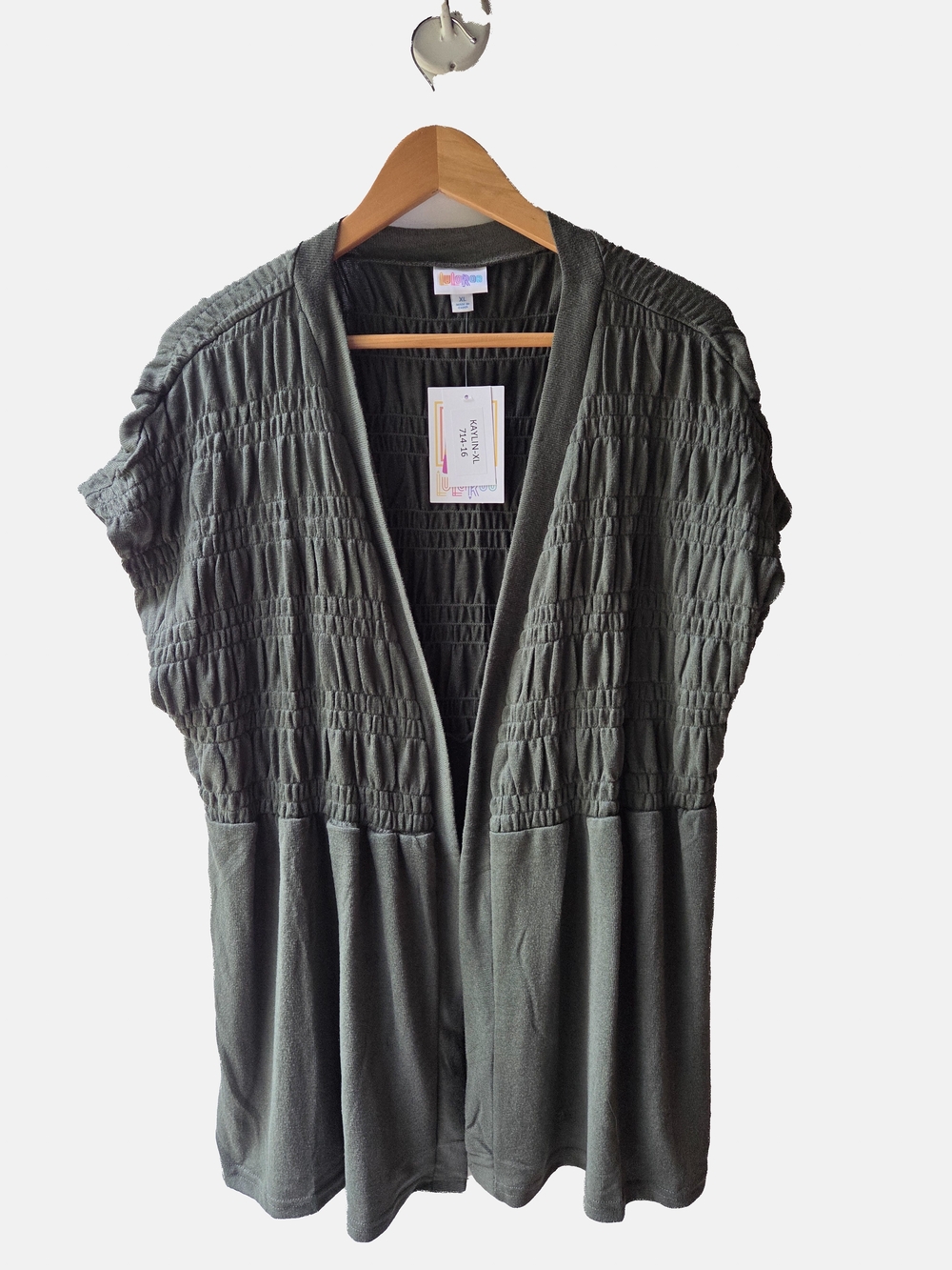 LuLaRoe Kaylin XL Women's Open Front Smocked Short Sleeve Cardigan - Olive NWT